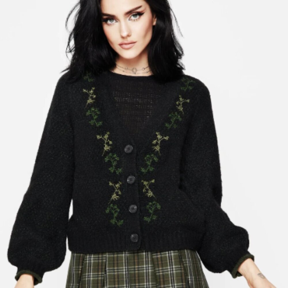 DISTURBIA Dawsonia Embroidered Knit Button Down Crop Cardigan Black M - Picture 2 of 8